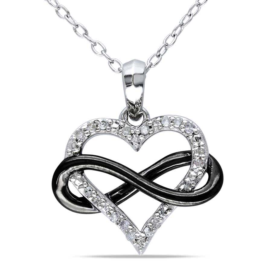 Amour 1/10 Ct Tw Diamond Heart Infinity Pendant With Chain In Sterling Silver With Black Rhodium In Black / Rhodium / Silver / White