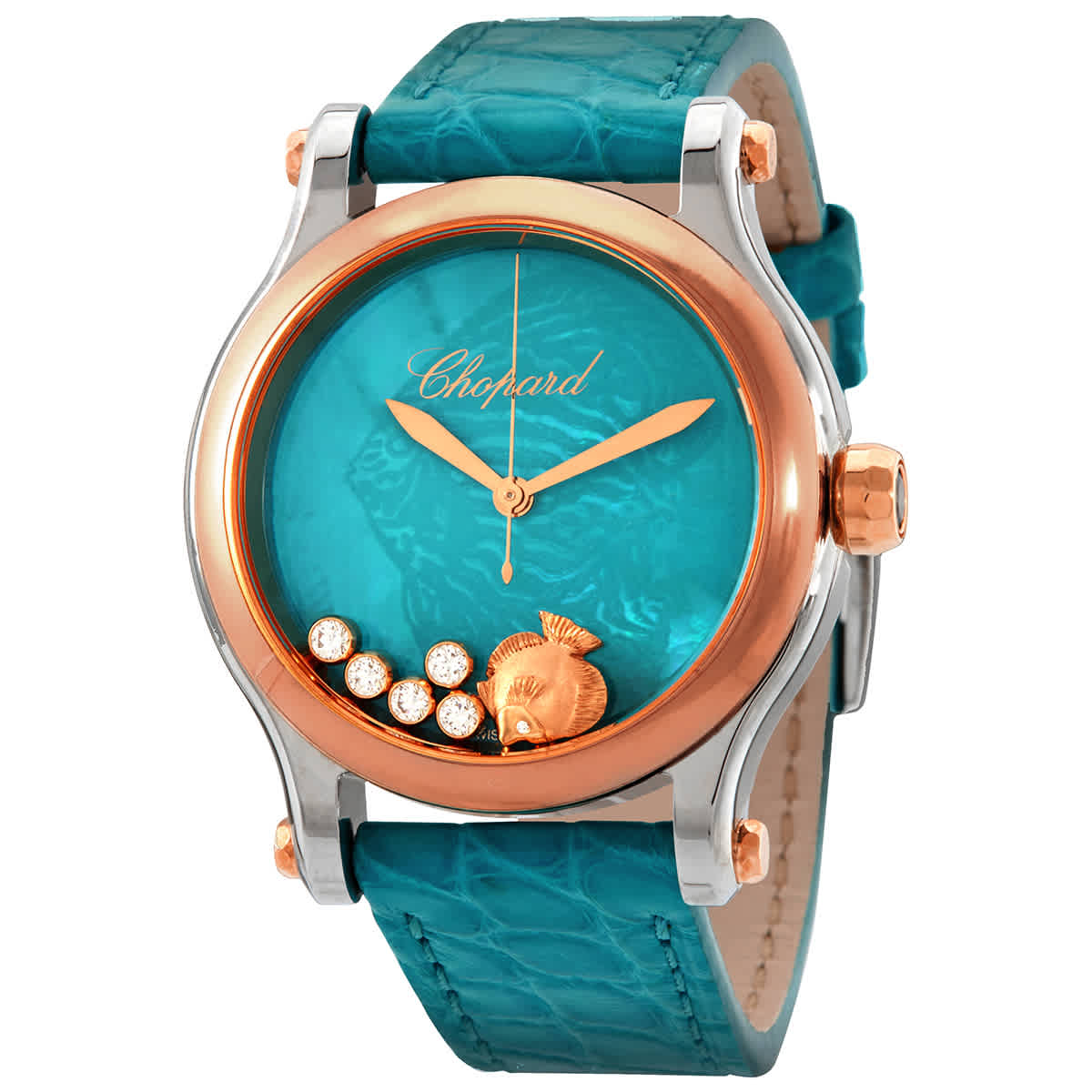 Chopard Happy Fish Automatic Blue Mother Of Pearl Dial Ladies Watch 278578-6001 In Blue,gold Tone,green,mother Of Pearl,pink,rose Gold Tone