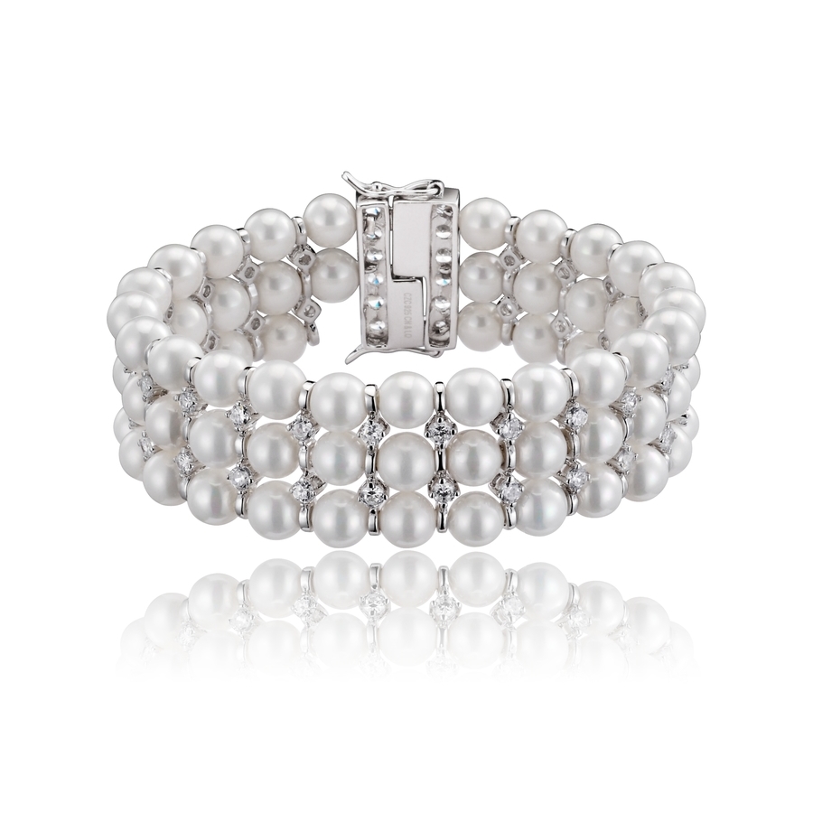 Megan Walford Sterling Silver Cubic Zirconia 3 Row Pearl Bracelet In White