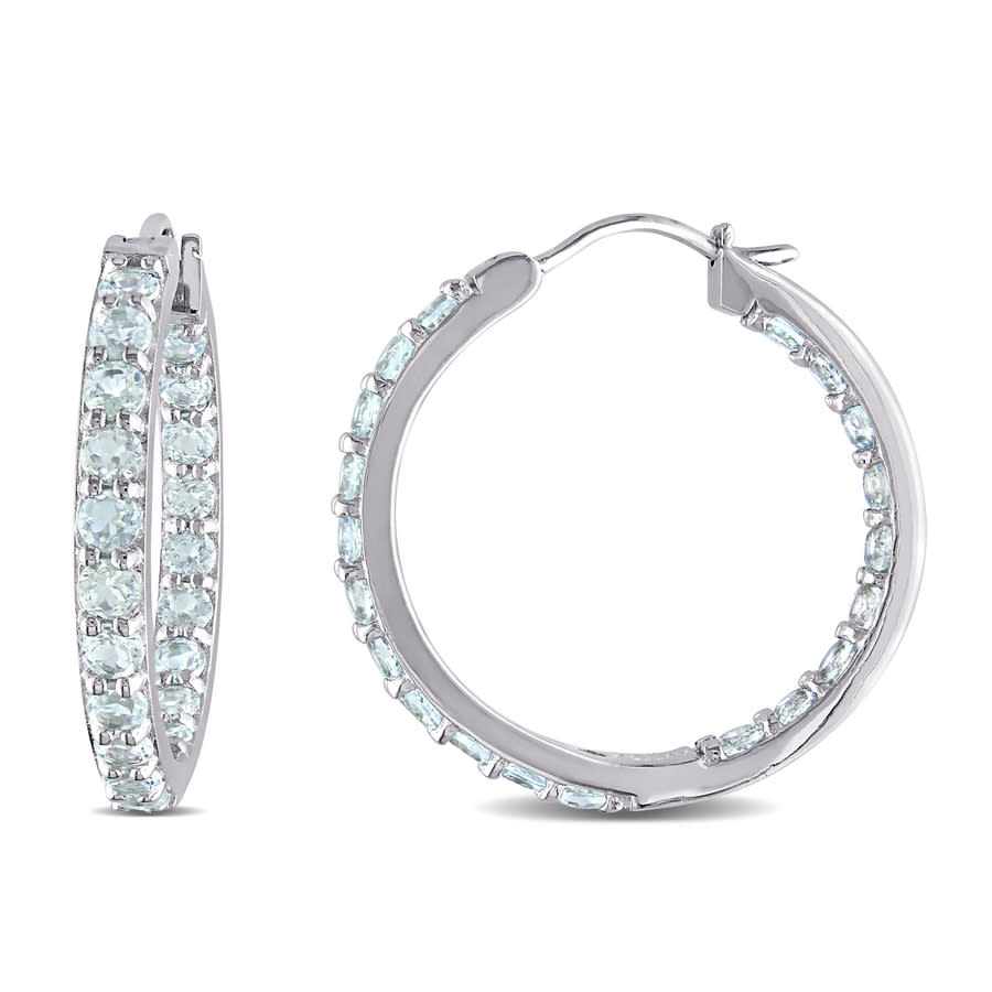 Amour Aquamarine Inside Outside Hoop Earrings In Sterling Silver In White