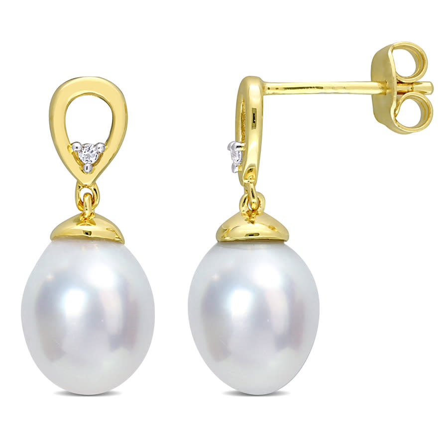 Amour 8-9mm South Sea Cultured Freshwater Pearl And White Topaz Drop Earrings In Yellow Plated Sterling Si In Yellow