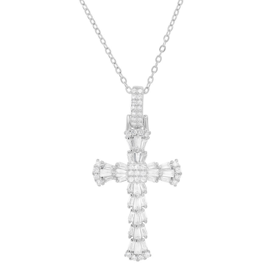 Kylie Harper Sterling Silver Baguette-cut Diamond Cz Cross Pendant In Silver-tone