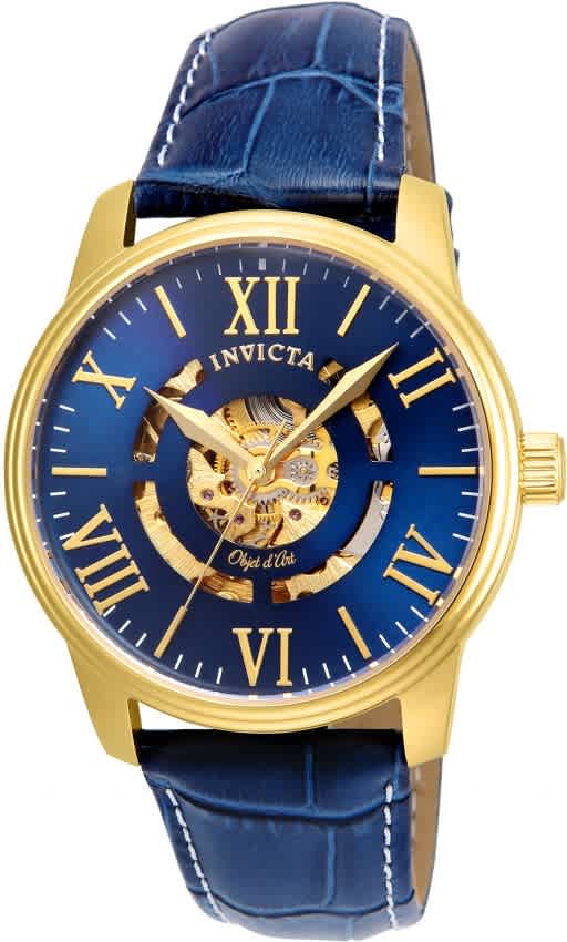 Invicta Objet D Art Automatic Blue Skeleton Dial Mens Watch 22601 In Blue,gold Tone,yellow