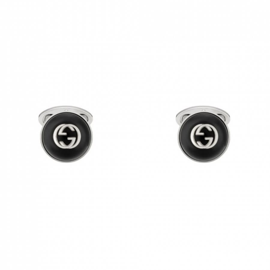 Gucci Interlocking G Sterling Silver Enamel Button Cufflinks In Black