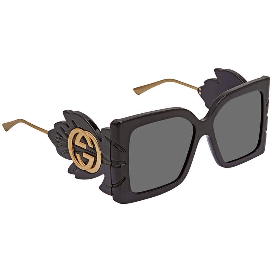 Gucci Grey Square Ladies Sunglasses Gg0535s 001 56 In Black,gold Tone,grey