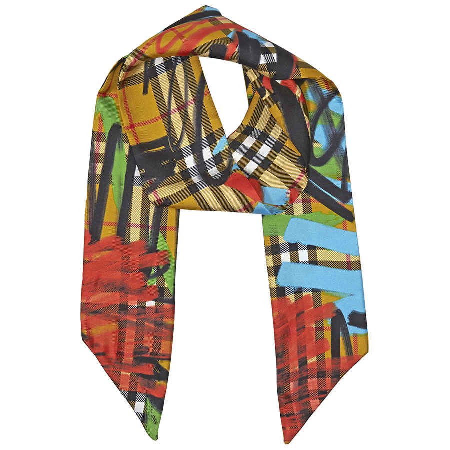 Click to view more detailed imagery on our partner's website Burberry Graffiti Vintage Check Silk Slim Scarf In Orange