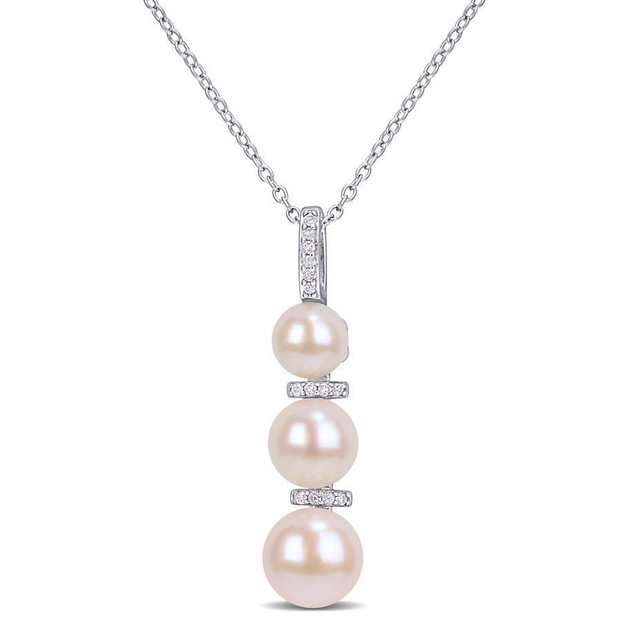 Amour White Cultured Freshwater Pearl And Diamond Drop Pendant With Chain In Sterling Silver