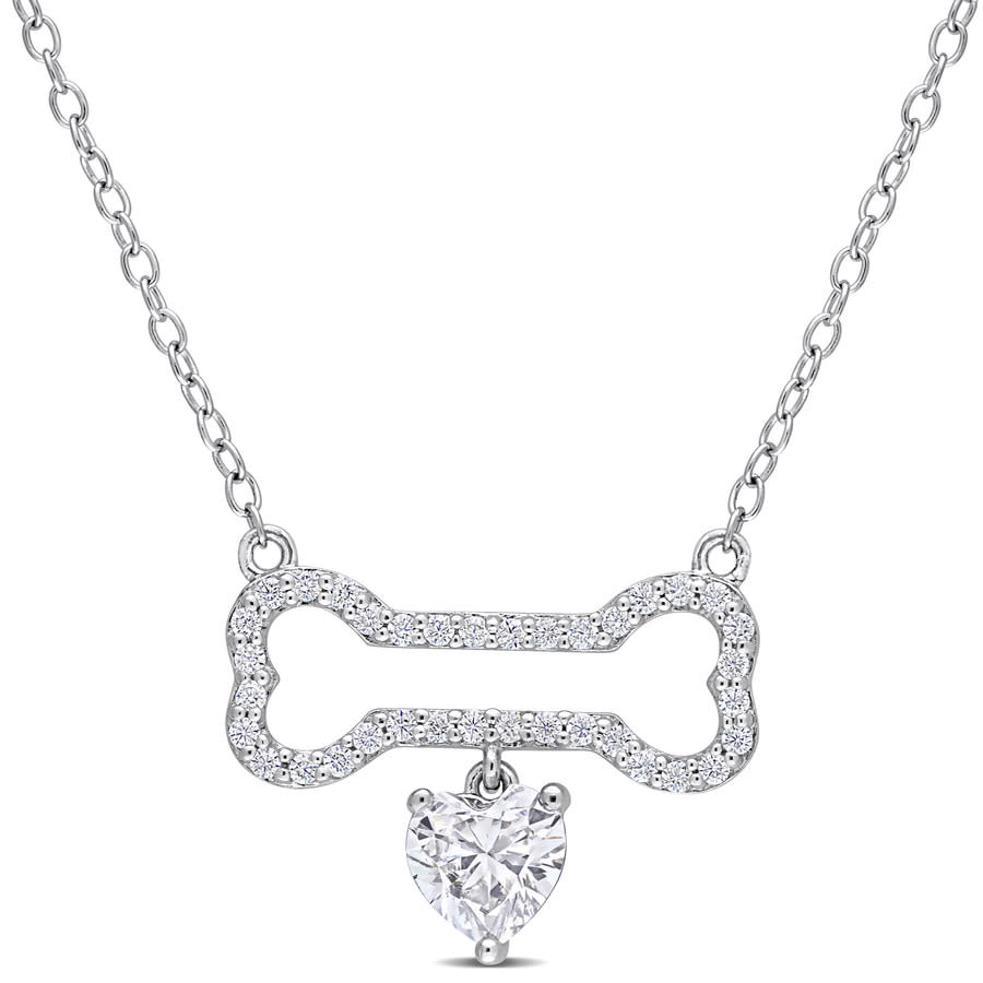Amour 3/4 Ct Dew Created Moissanite Dog Bone With Hanging Heart Necklace In Sterling Silver In White