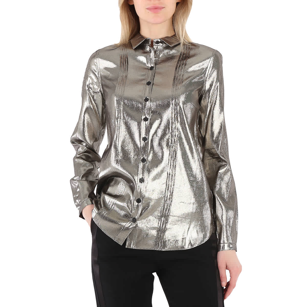 Burberry Ladies Pintuck Detail Silk Shirt In Silver
