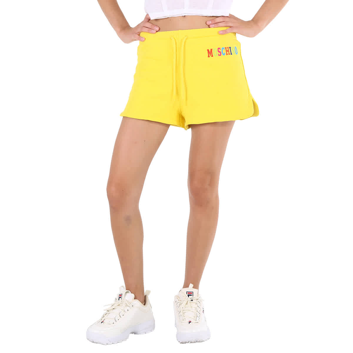 Moschino Logo-print Mid-rise Organic-cotton Shorts In Fantasy Print Yellow