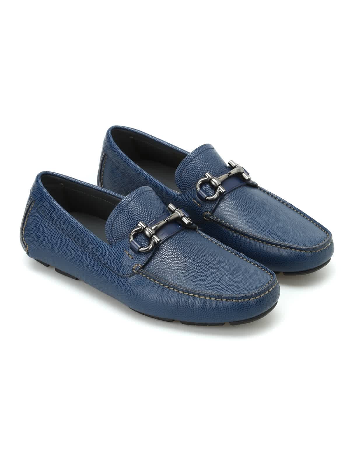 FERRAGAMO MENS PARIGI BLUE LEATHER LOAFERS, BRAND SIZE 6