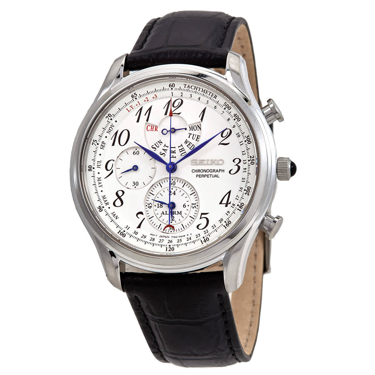 Seiko Chronograph Perpetual Alarm Quartz White Dial Mens Watch Spc253p1 In Black,blue,silver Tone,white