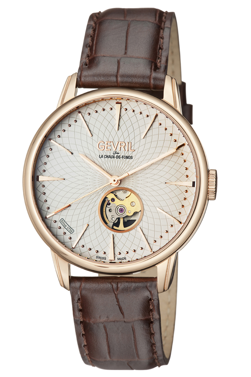 Gevril Mulberry Open Heart Automatic Silver Dial Mens Watch 9602 In Berry / Brown / Gold / Gold Tone / Rose / Rose Gold / Rose Gold Tone / Silver