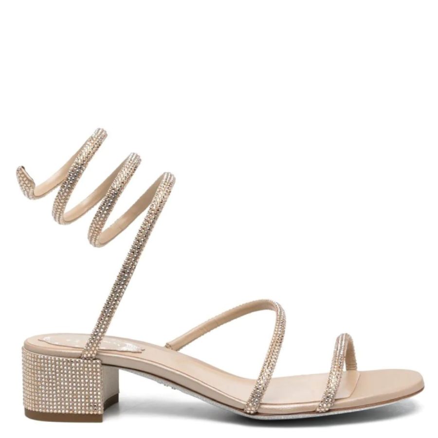 RENÉ CAOVILLA RENE CAOVILLA LADIS BEIGE CLEO CRYSTAL COILED SNAKE STRAP SANDALS