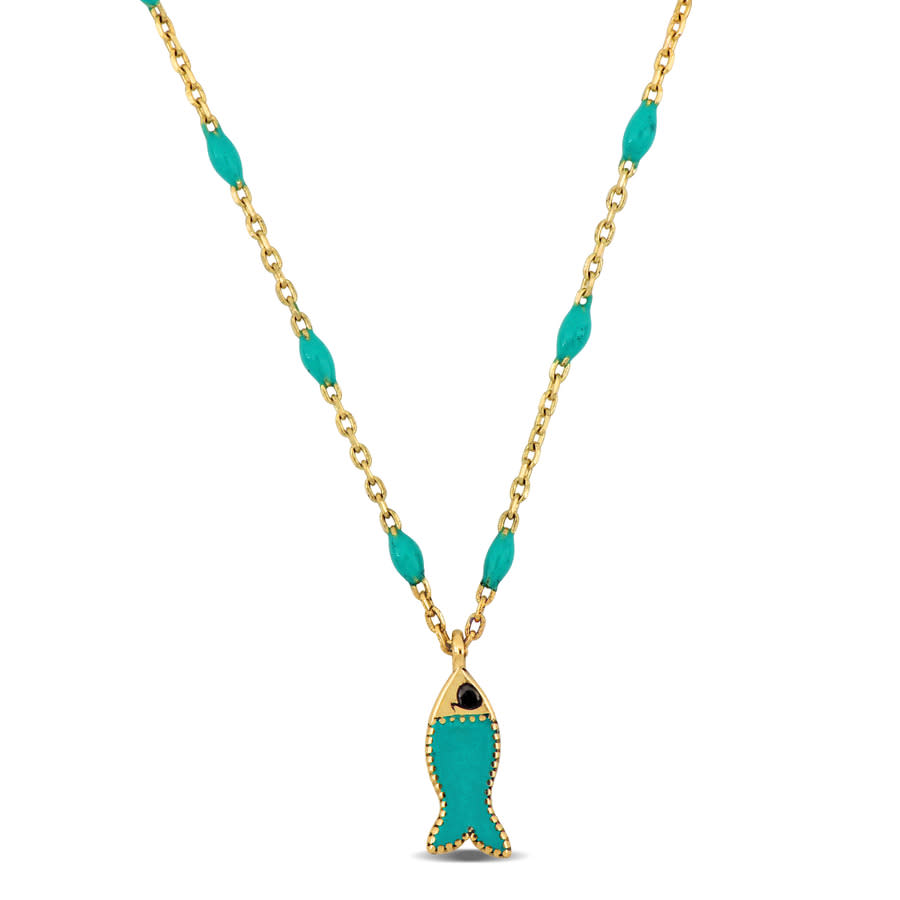Amour Green Enamel Fish Necklace In 14k Yellow Gold