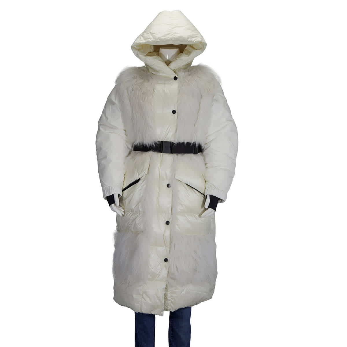 Moncler Ladies White Sarina Long Fur Coat