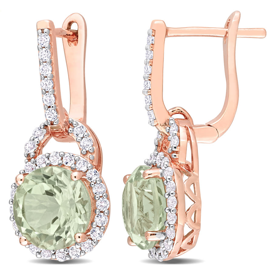 Amour 4 3/8ct Tgw Green Quartz And White Topaz Halo Charm Earrings In Rose Plated Sterling Silver In Pink