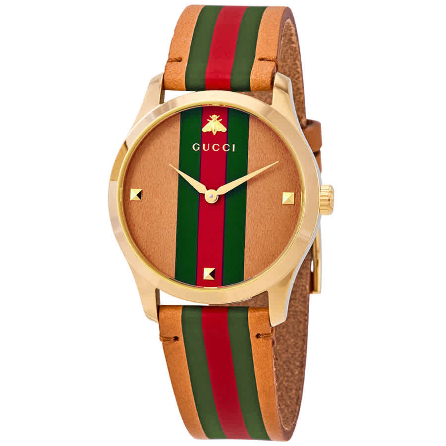 Gucci G-timeless Brown Dial With Stripe Motif Striped Leather Watch Ya1264077 In Brown,gold Tone,yellow