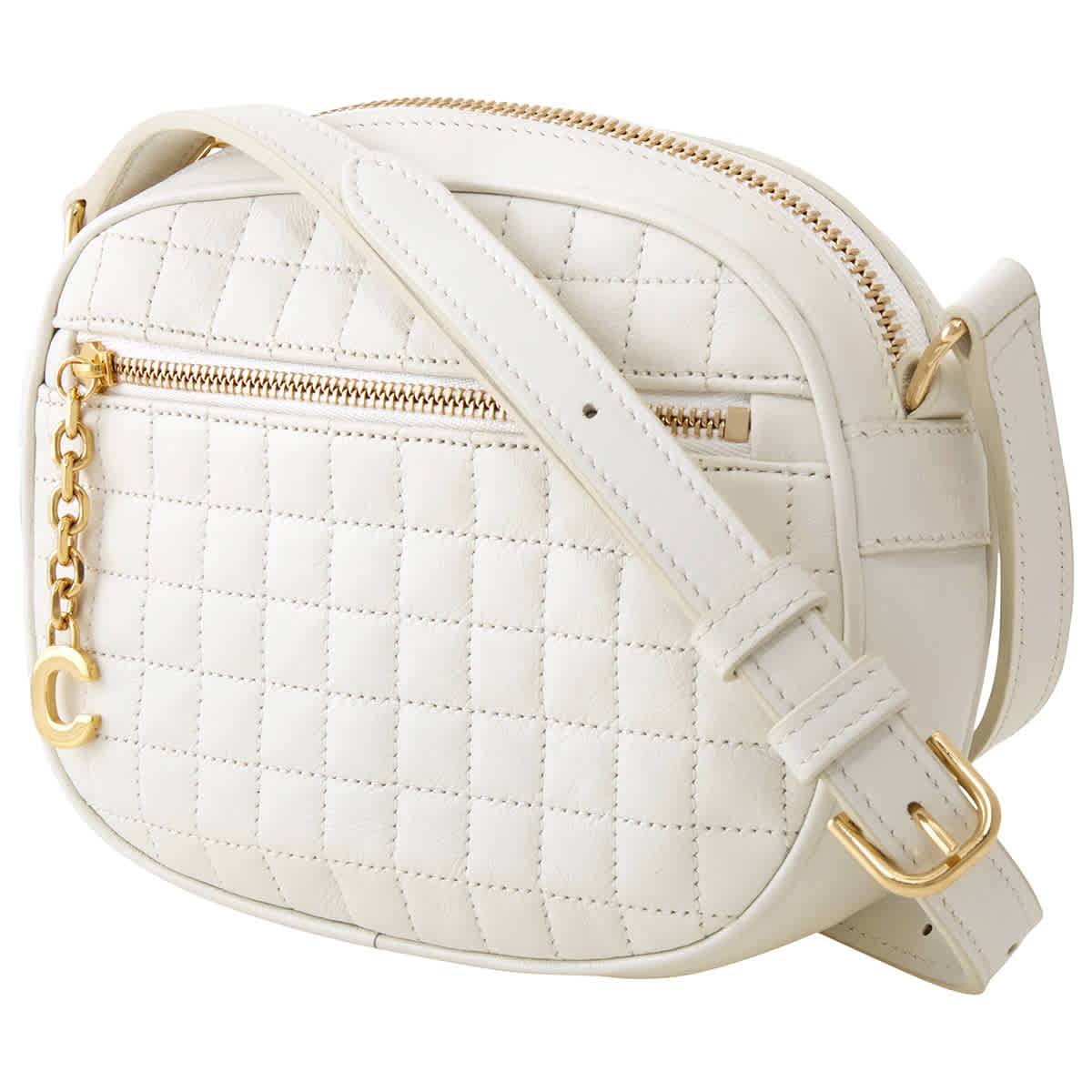 Celine Small C Charm Quilted Calfskin Camera Bag- White In Gold
