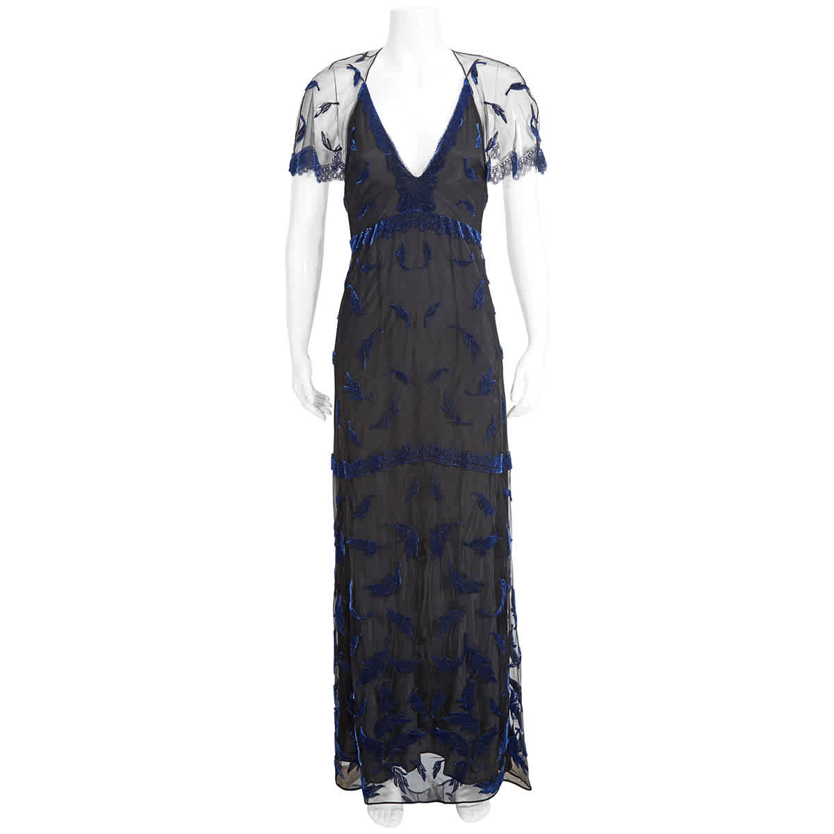 Burberry Velvet Leaf Cap-sleeve Gown In Black_blue