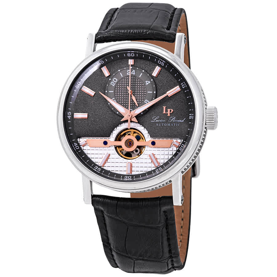 Lucien Piccard Open Heart 24 Automatic Grey Dial Mens Watch Lp-28002a-014-ra In Black,gold Tone,grey,pink,rose Gold Tone,silver Tone