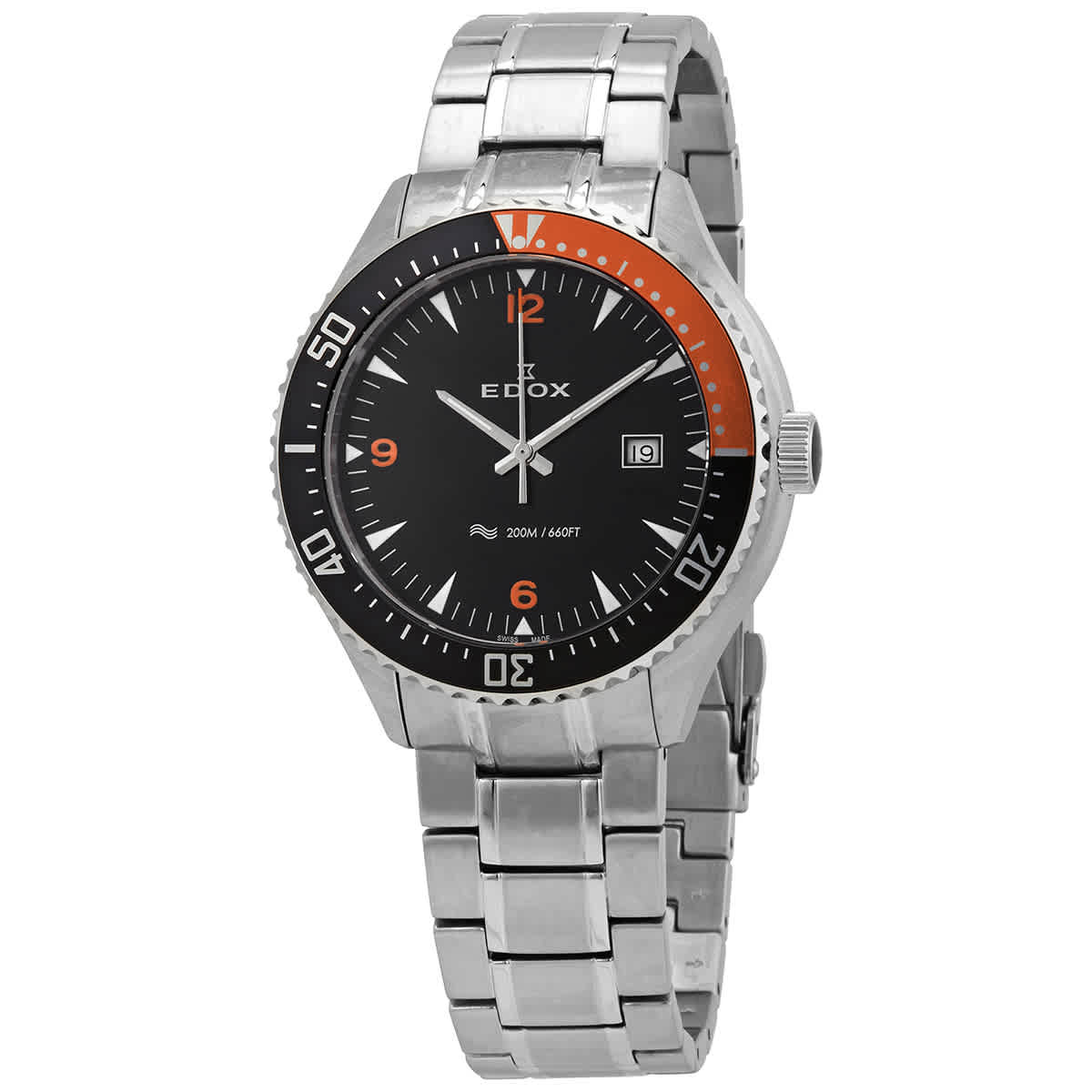 Edox Diver Quartz Black Dial Stainless Steel Mens Watch 53016-3orm-nio In Black,orange,silver Tone