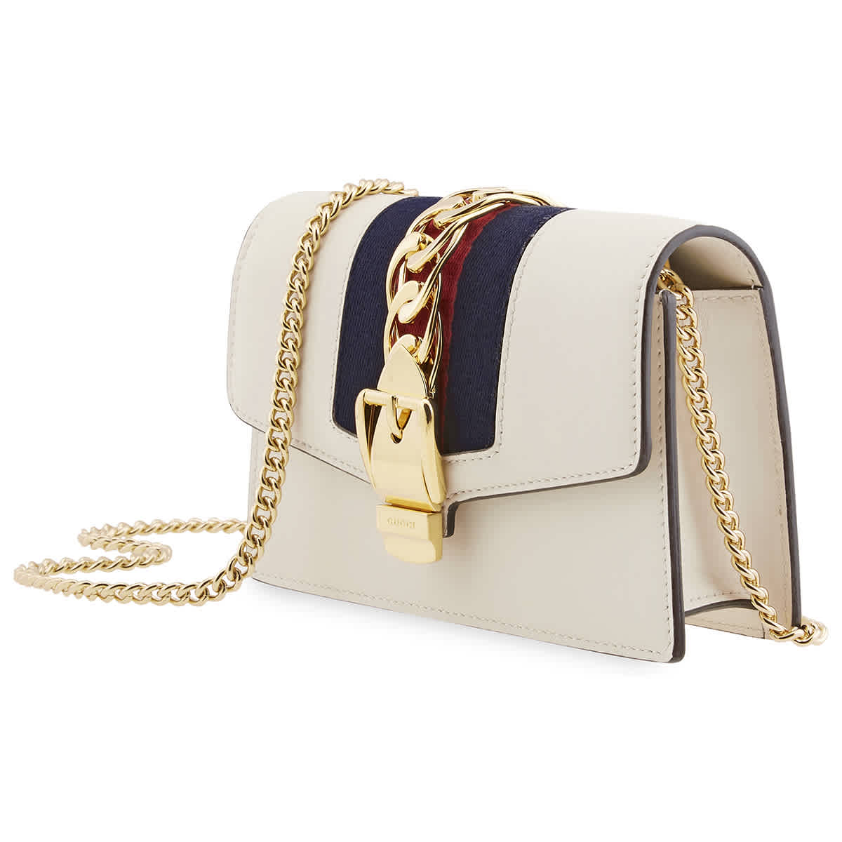 Gucci Ladies White Sylvie Leather Super Mini Shoulder Bag In Blue,gold Tone,red,white
