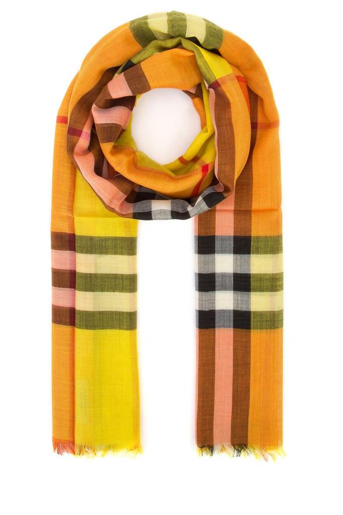 Click to view more detailed imagery on our partner's website Burberry Colorblock Knit Scarf In Orange,yellow