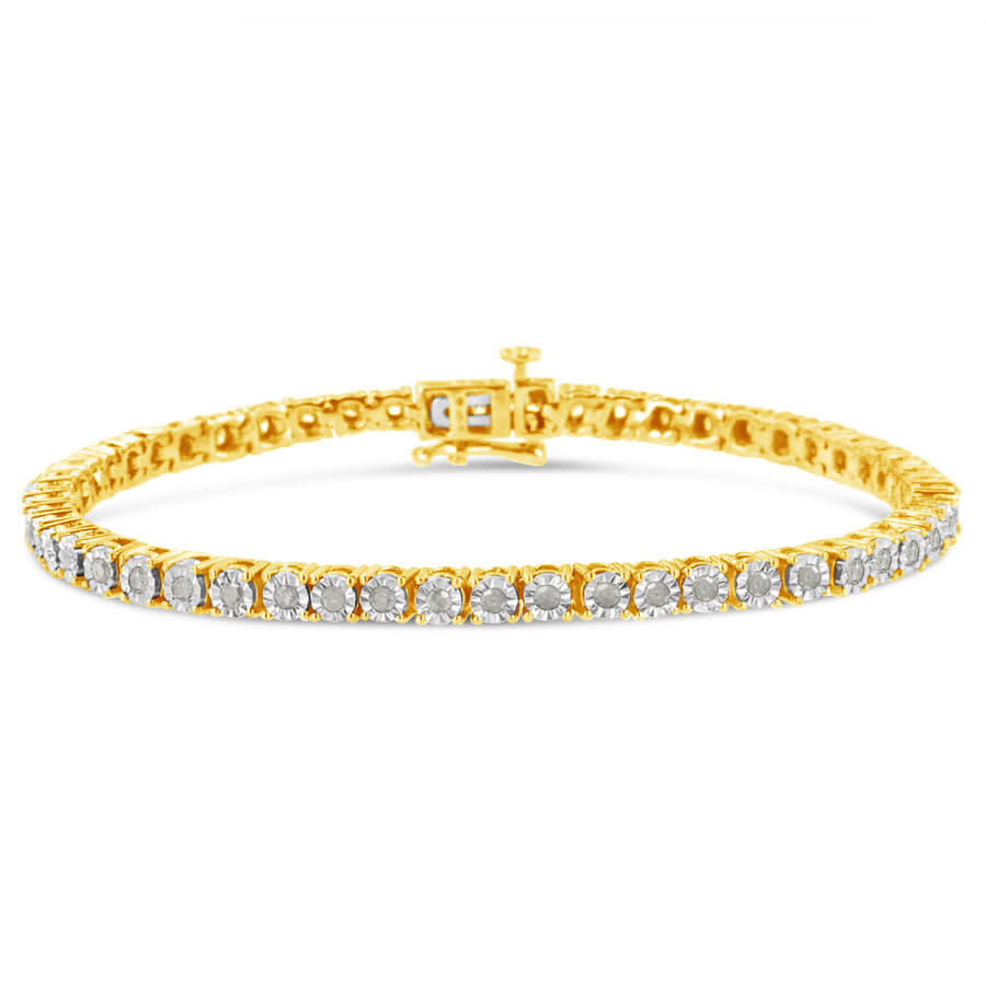 10K Yellow Gold Plated .925 Sterling Silver 1.0 Cttw Miracle-Set Diamond Round Faceted Bezel Tennis Bracelet (I-J Color, I3 Clarity) - 7''