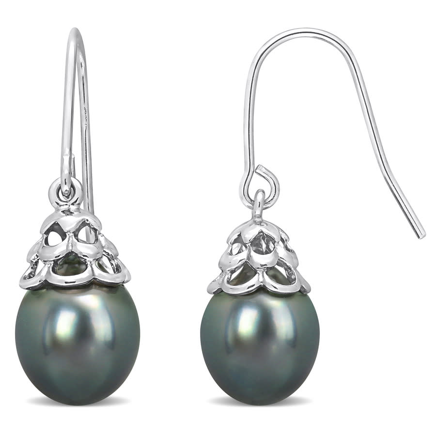 Amour 8-8.5mm Black Tahitian Cultured Pearl Shepherd Hook Earrings In Sterling Silver In White