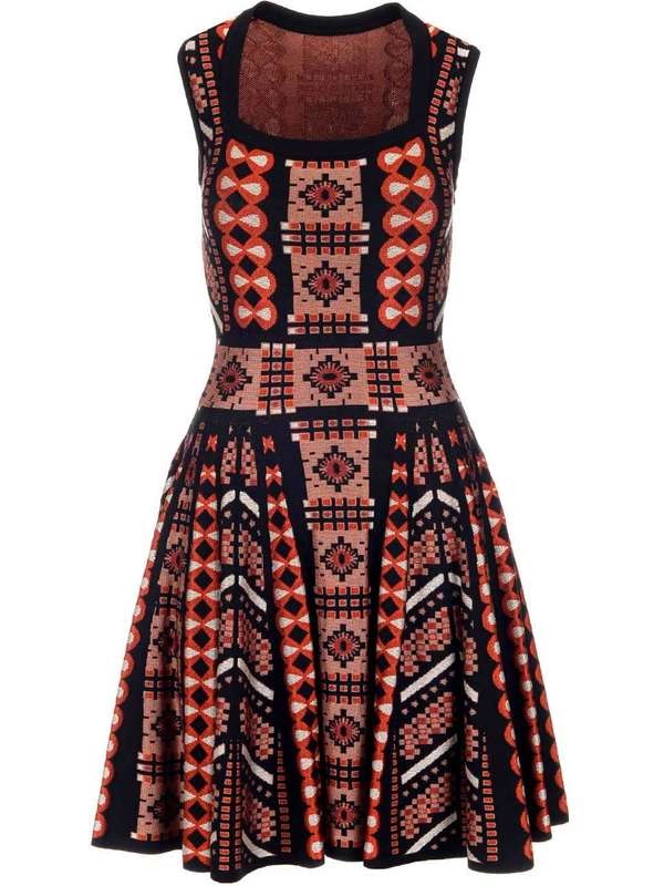 Alaïa Alaia Ladies Rosewood/black Mosaic Jacquard Knit Flared Dress In Rosewood/black