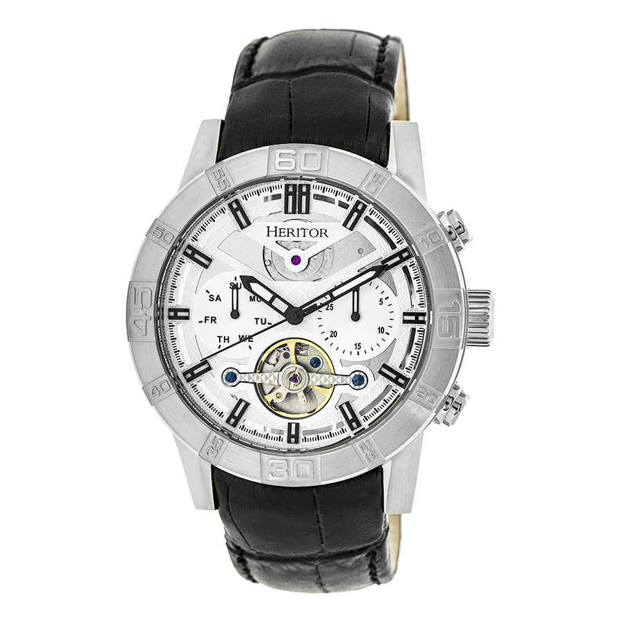 Heritor Hannibal Silver Semi-skeleton Dial Black Leather Mens Watch Hr4101 In Black / Silver