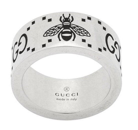 GUCCI GUCCI STERLING SILVER GG AND BEE ENGRAVED WIDE RING