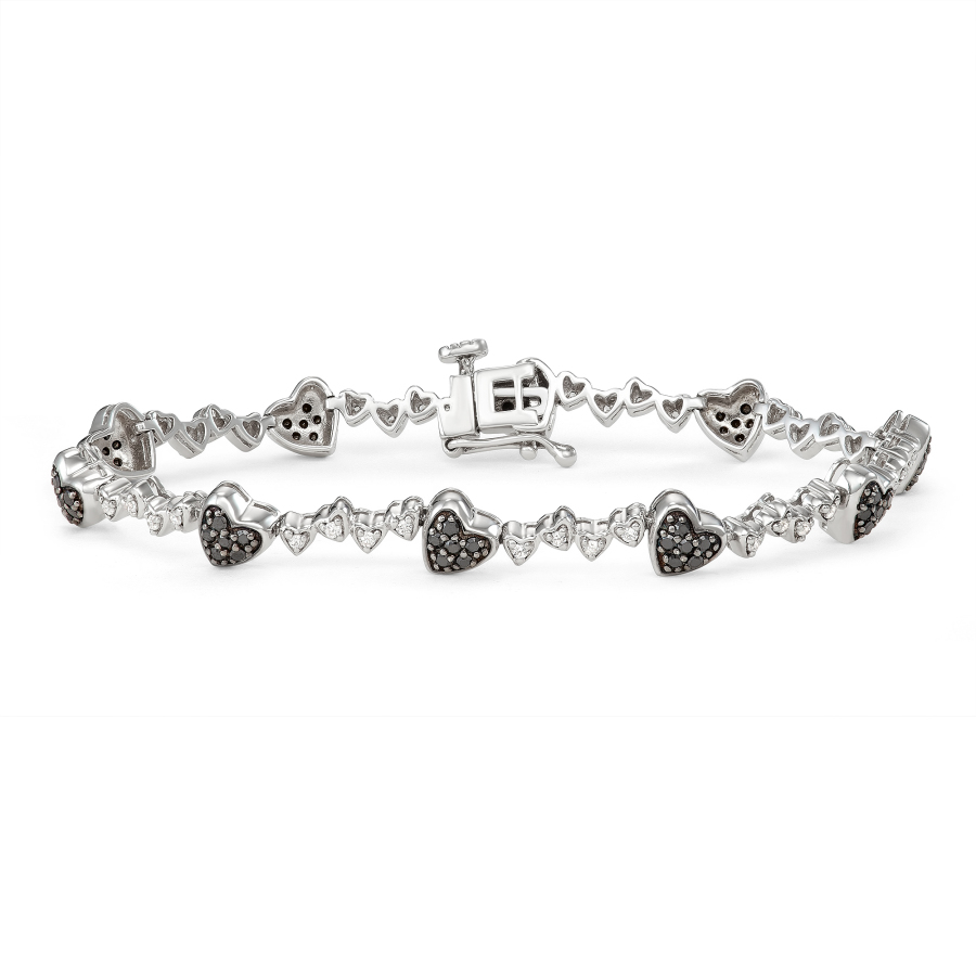 Hetal Diamonds Ss Blk&wht Dia Heart Bracelet(1.00cttw) In Black