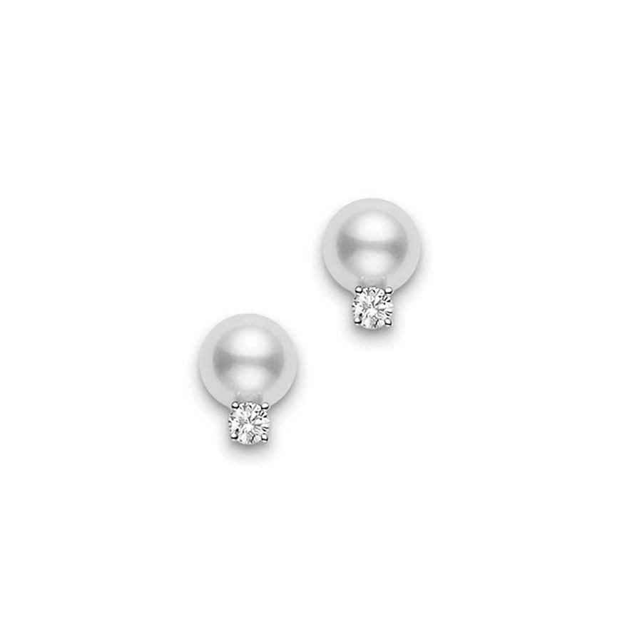 Mikimoto 18k White Gold 7-7.5mm Akoya Studs With Diamonds In White