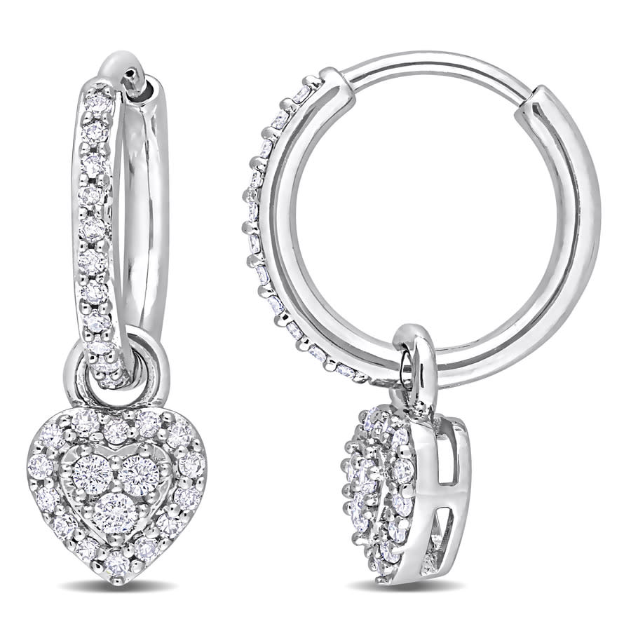 Amour 3/8 Ct Tdw Diamond Halo Heart Huggie Earrings In 10k White Gold In White