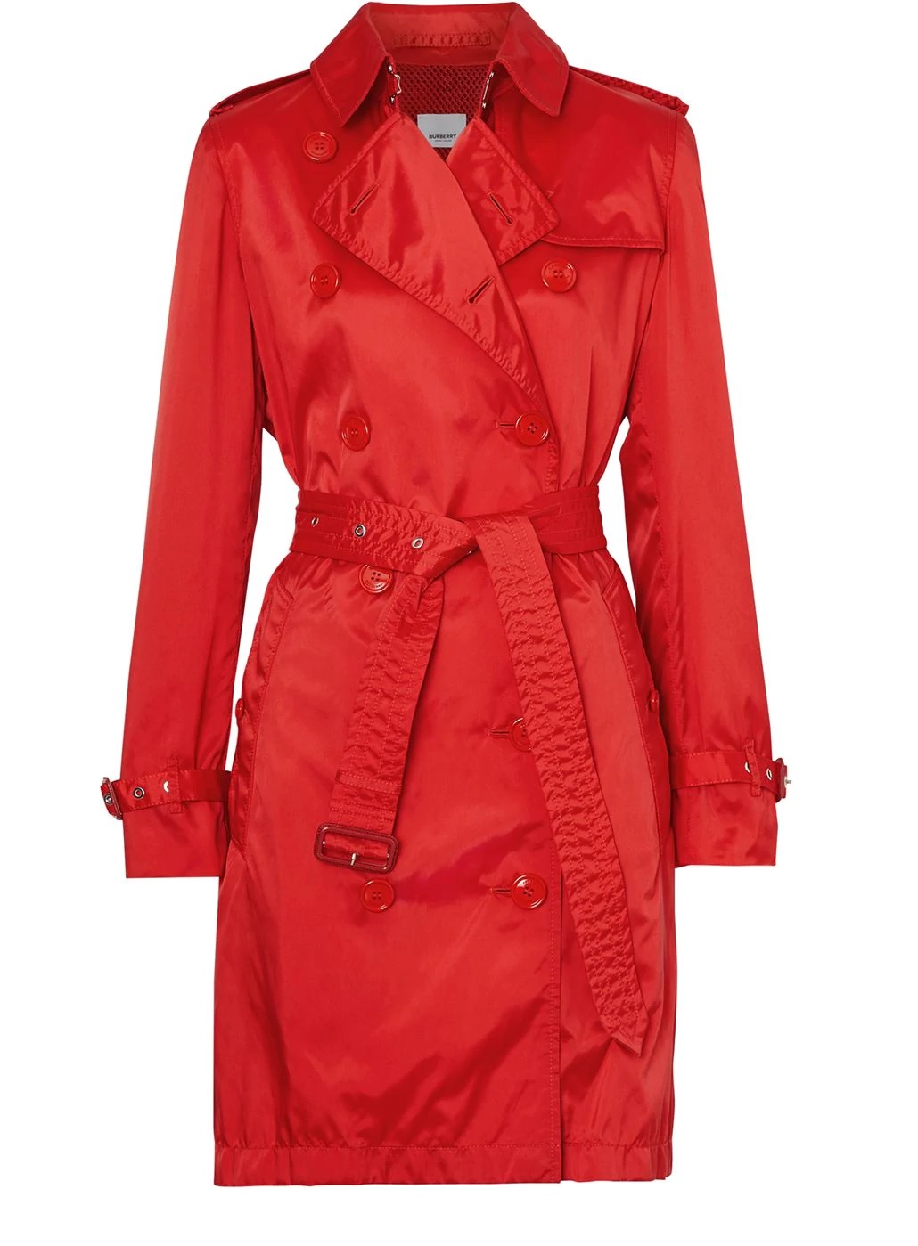 Burberry Ladies Red Double Breasted Nylon Trench Coat With Detachable Hood