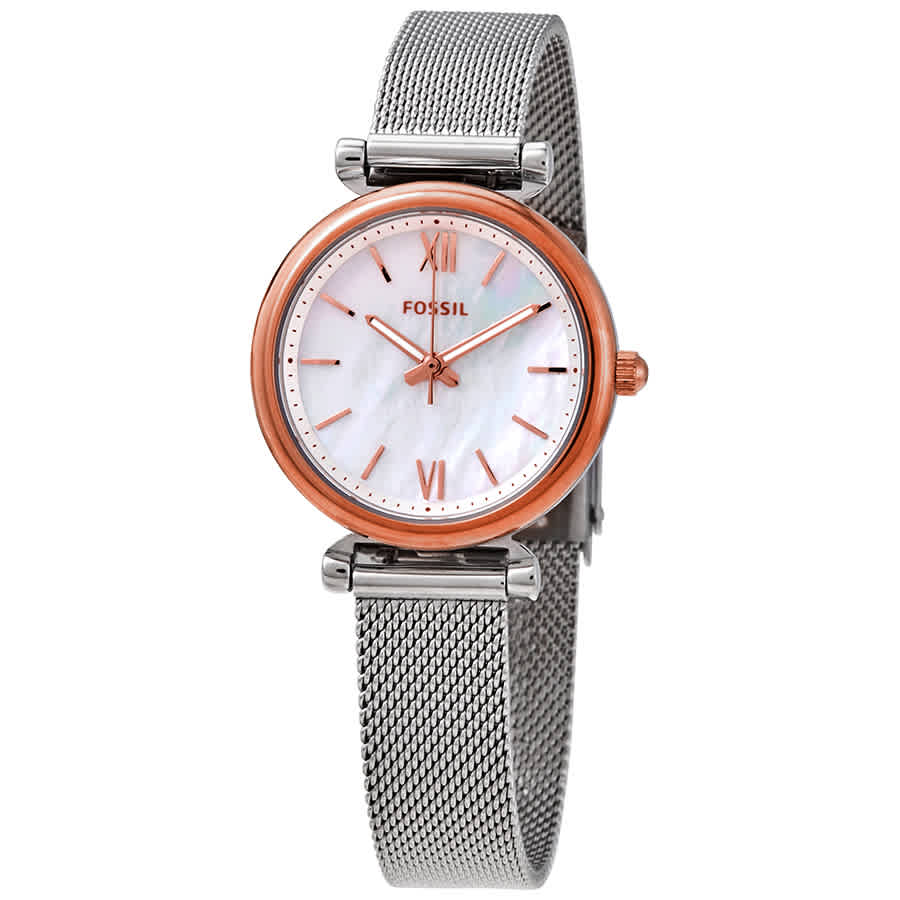 Fossil Carlie Quartz White Mother Of Pearl Dial Ladies Watch Es4614 In Gold Tone,mother Of Pearl,pink,rose Gold Tone,silver Tone,white