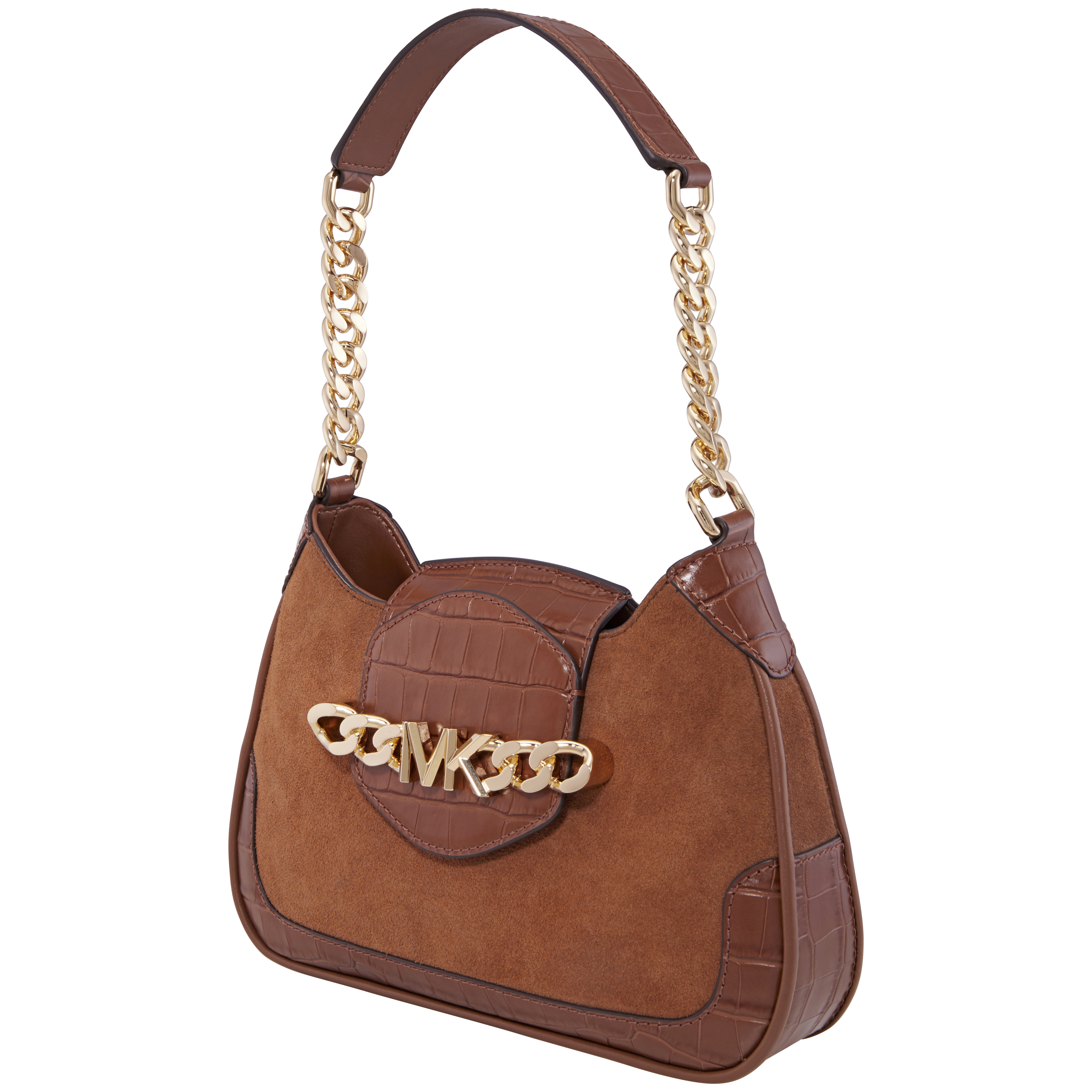 Michael Kors Brown Ladies Hally Small Suede And Crocodile Embossed Shoulder Bag In Brown