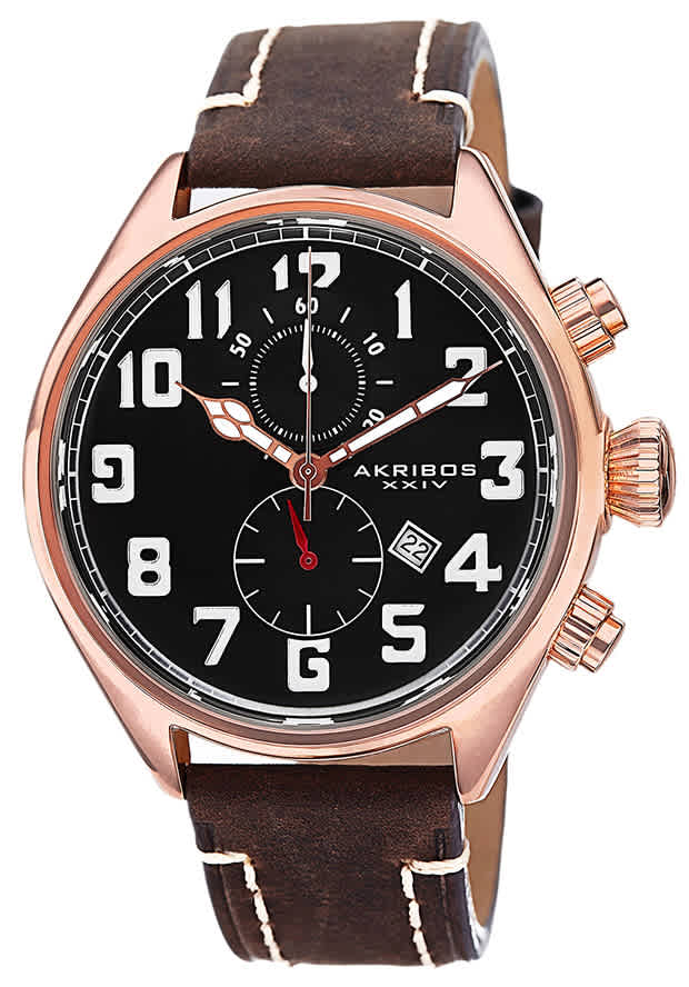 Akribos Xxiv Essential Chronograph Black Dial Brown Leather Mens Watch In Black,brown,gold Tone,pink,rose Gold Tone