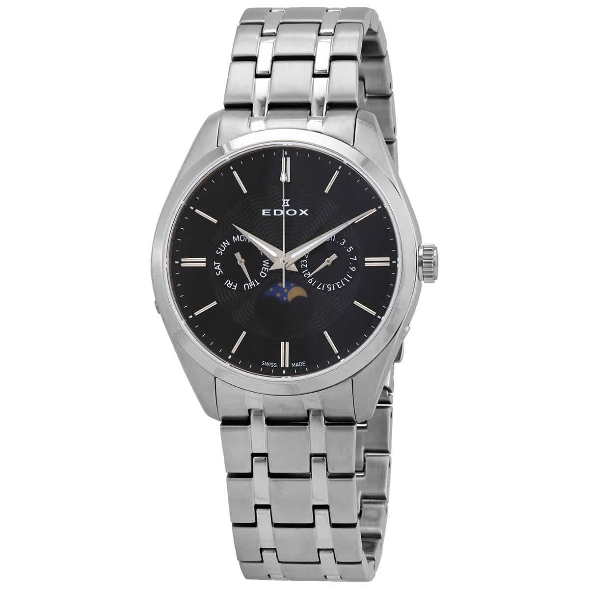 Edox Moonphase Date Black Dial Stainless Steel Mens Watch 40008-3m-nin In Black,silver Tone