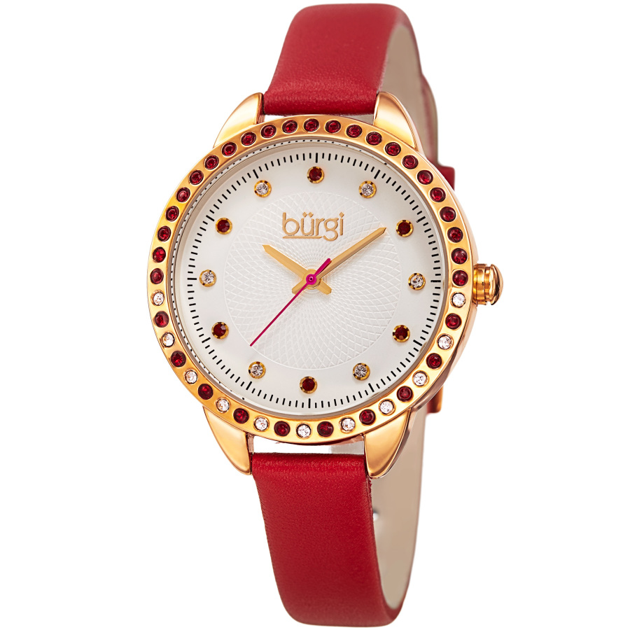 Burgi Quartz Crystal Silver Dial Ladies Watch Bur161rd In Red   / Gold Tone / Silver / White