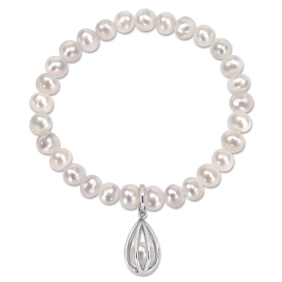 Amour 7-8.5 Mm Freshwater Cultured Pearl Charm Bracelet In Sterling Silver In White