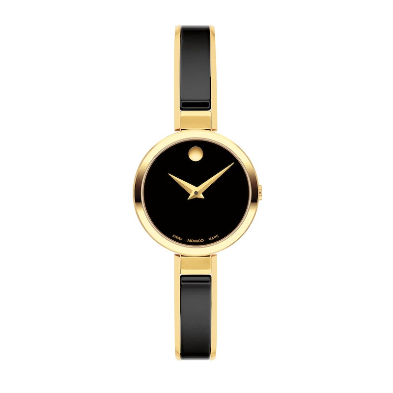 Movado Women's Moda Swiss Quartz Black Ceramic Yellow Pvd Bangle Watch 24mm In Black / Gold Tone / Yellow