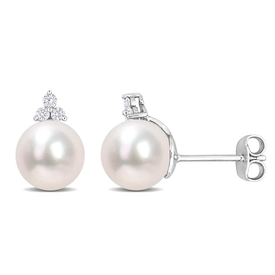 Amour 8-8.5mm Freshwater Cultured Pearl And 1/8 Ct Tw Diamond Pearl Stud Earrings In Sterling Silver In White