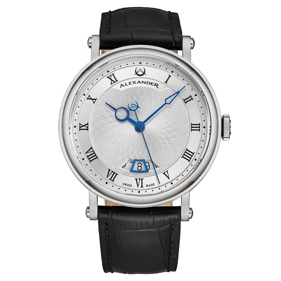 Alexander Men's Triumph Automatic Black Leather , Silver-tone Dial , 49mm Round Watch In Black / Blue / Silver