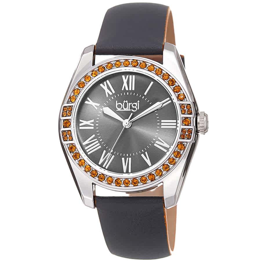 Burgi Grey Dial Grey Leather Ladies Watch Bur206gy In Grey / Orange