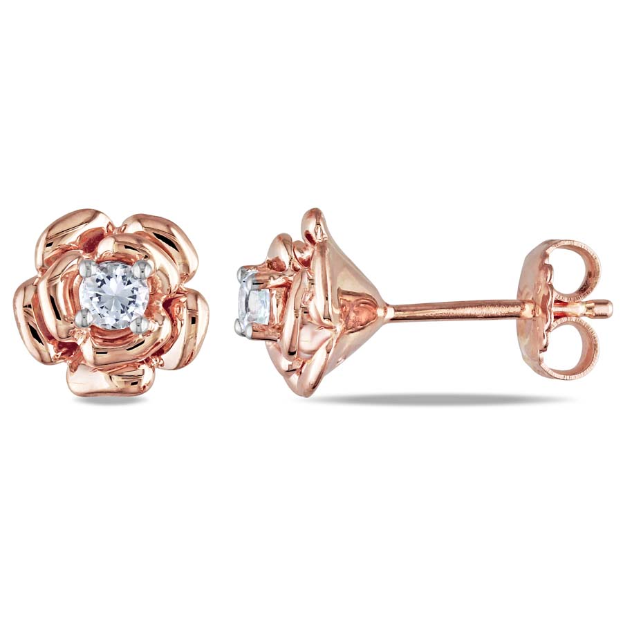 Amour Created White Sapphire Flower Stud Earrings In Rose Plated Sterling Silver In Rose / Silver / White