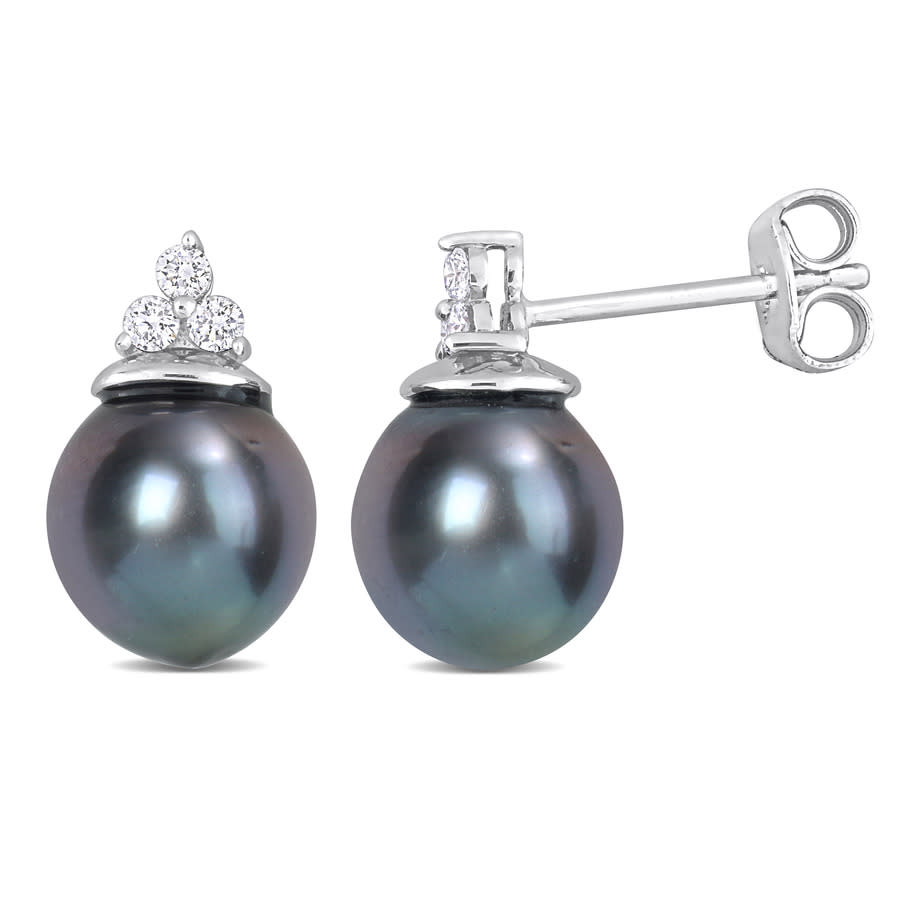 Amour 8-8.5mm Black Tahitian Cultured Pearl And 1/8 Ct Tw Diamond Stud Earrings In Sterling Silver In White