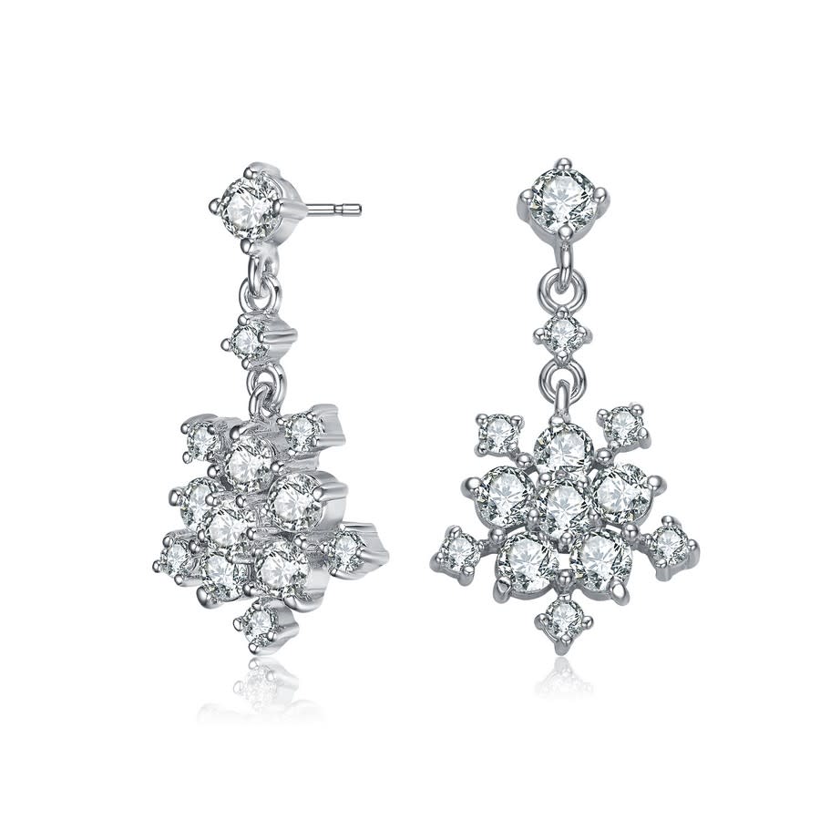 Megan Walford Sterling Silver Round Cubic Zirconia Cluster Flower Style Drop Earrings In White